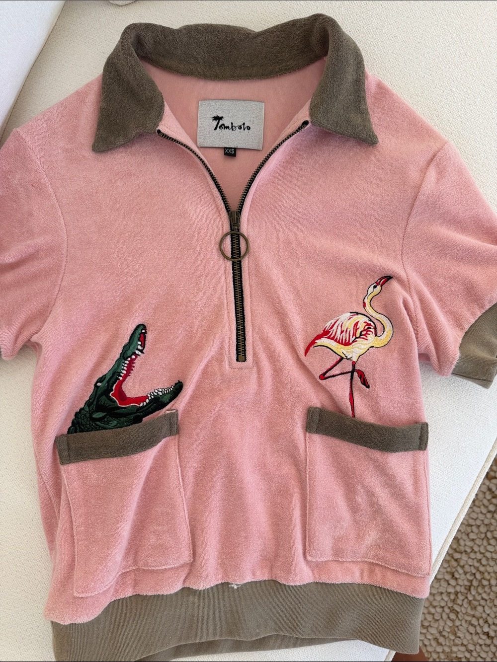 women’s Pink Terry Half-Zip Polo with Animal Embroidered Patches - Picture 3 of 3